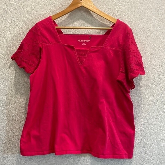 Soft Surroundings Pink Square Neck Lace Sleeve Short Sleeve Blouse Size Large - Picture 1 of 6